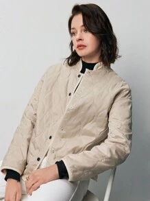 SHEIN Frenchy 落肩袖前紐扣絎縫外套 - 卡其色 - 查看 6