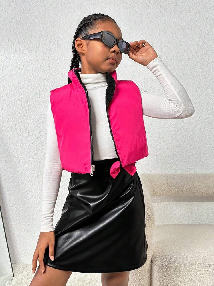 Tween Girl Zip Up Sleeveless Padded Coat & Bow Front PU Skirt