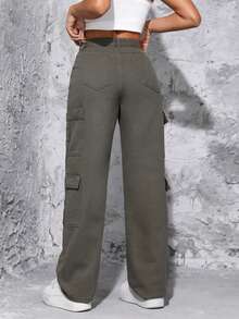 SHEIN PETITE 素色翻蓋口袋牛仔褲 - 軍綠色 - 查看 2