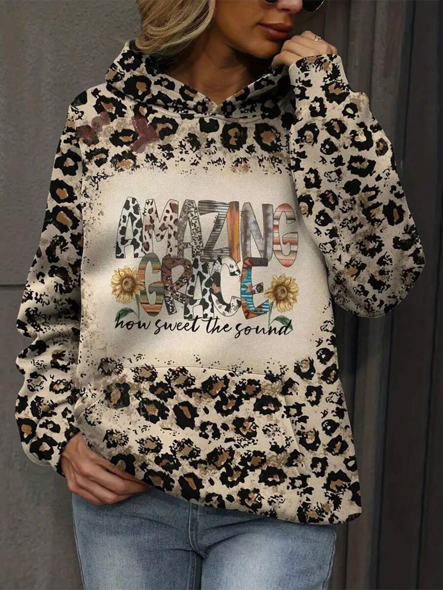 SHEIN EZwear Leopard & Floral Print Drop Shoulder Hoodie - Multicolor - View 1