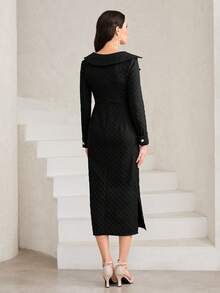 Modelyn Cổ Trái tim Chi tiết Nút Viền chia cắt Đầm - màu đen - Xem 2