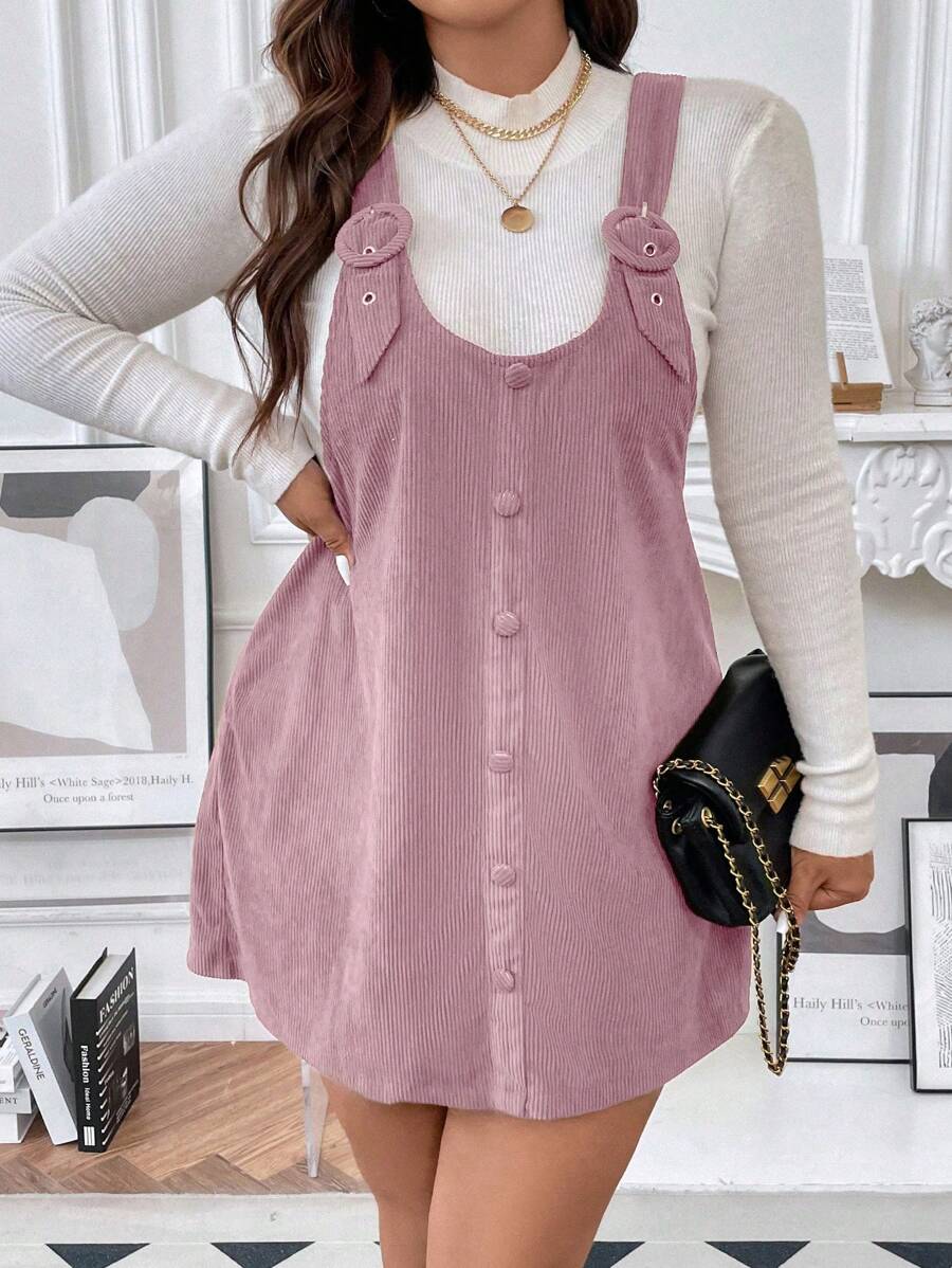 SHEIN Franclia Hơn Nút phía trước Đầm Tổng thể Không có áo len - Hồng - Xem 1