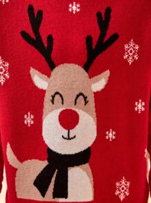 SHEIN 男大童1入組聖誕麋鹿圖案落肩袖套頭毛衣 - 紅色 - 查看 3
