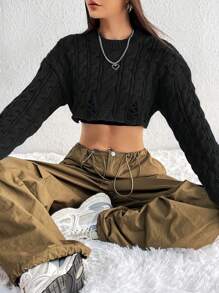 Flirla Women's Round Neck Drop Shoulder Long Sleeve Cropped Textured Knit Sweater - Black - View 6