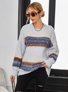 GENKIRA Suéter de punto con hombros caídos y bloques de color para otoño e invierno - Multicolor - Ver 4