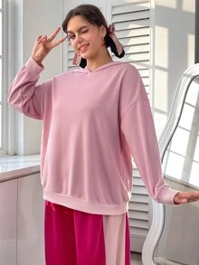 SHEIN EZwear Áo nỉ nữ cỡ lớn tay rớt vai với họa tiết chữ và hoạt hình. - Hồng - Xem 5