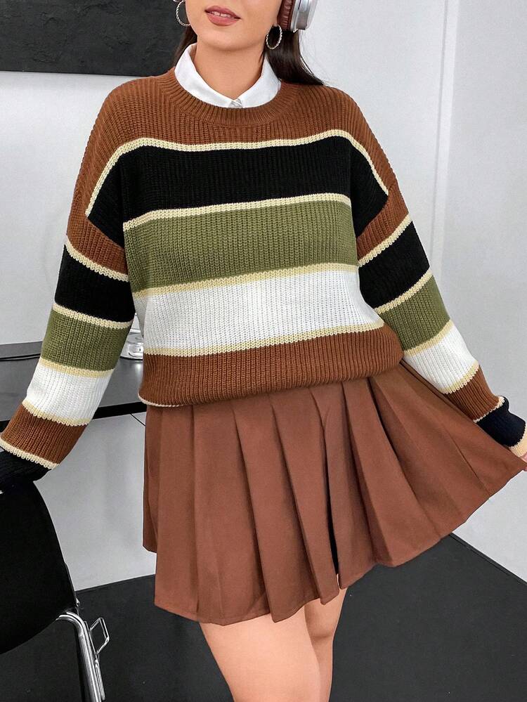 Plus Color Block Drop Shoulder Sweater Without Blouse Knit Pullover Fall Winter Sweater