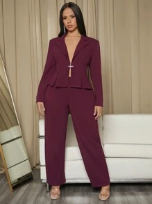 SHEIN SXY Plus Lapel Neck Peplum Blazer & Pants - Burgundy - View 3
