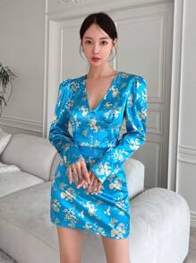 EastFlair Floral Print Puff Sleeve Cut Out Back Blouse