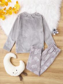 女大童刺繡卡通圖案法蘭絨上衣和褲子睡衣套裝 - 灰色 - 查看 2