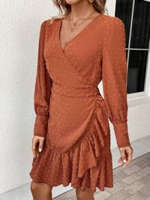 SHEIN VCAY Swiss Dot Ruffle Trim Wrap Hem Dress - Orange - View 6