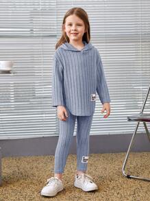 SHEIN Leap Crew Cô Gái Trẻ Thư được vá áo có mũ Áo thun và Leggings - Màu xanh nhạt - Xem 5
