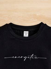 SHEIN 圓領長袖條紋針織t恤,附有字母印花,適合春秋季,適合青少女 - 黑色 - 查看 4