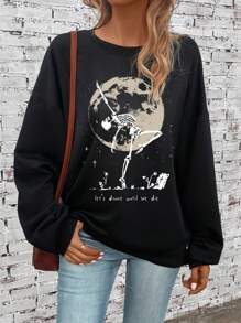 EMERY ROSE Moon & Slogan Graphic Drop Shoulder Sweatshirt - Black - View 1