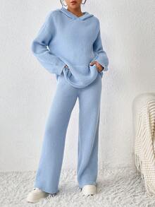 Kangaroo Pocket Drop Shoulder Hoodie & Pants - Blue - View 4
