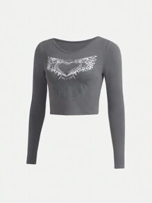 Teen Girl Wings Print Crop Tee - Grey - View 3