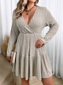 Franclia Plus Surplice Neck Ruffle Hem Dress Without Belt - Apricot - View 4