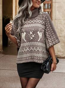 Chiquease Geo Pattern Turtleneck Batwing Sleeve Knit Poncho Knit Pullover Sweater Fall Winter - Mocha Brown - View 3