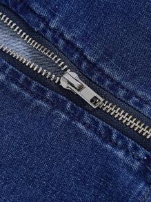 SHEIN MOD Raw Trim Curved Hem Denim Top - Medium Wash - View 3