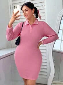 SHEIN EZwear 大尺碼拼色polo領連衣裙 - 粉色 - 查看 1