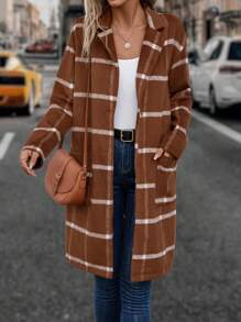 SHEIN LUNE Plaid Print Drop Shoulder Pocket Patched Overcoat - Redwood - View 3