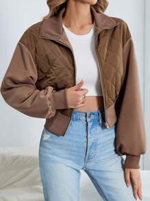 SHEIN Essnce 落肩袖拉鏈開襟絎縫外套 - 咖啡棕 - 查看 3