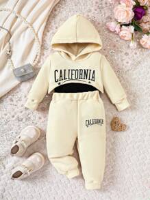 Baby Girl Letter Graphic Cami Top & Sweatpants & Hoodie - Apricot - View 3
