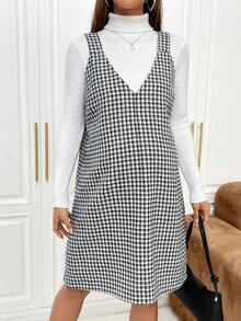 SHEIN Thai sản 1 Miếng In Houndstooth Đầm Tổng thể - Đen và trắng - Xem 5