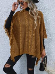 SHEIN Unity 流蘇邊麻花編織斗篷 - 棕色 - 查看 6