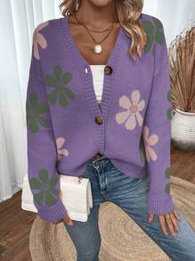 SHEIN Unity Mô hình hoa Thả vai Áo len Mở - Màu tím - Xem 4