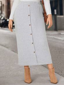 SHEIN LUNE Hơn Nút phía trước Đồ đan Ribbed Váy - Xám - Xem 2