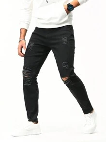 Manfinity 男士破洞抽鬚緊身牛仔褲 - 黑色 - 查看 4