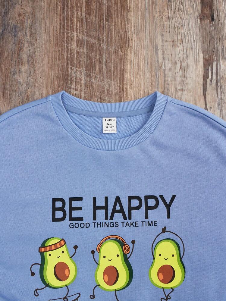 Teen Girl Cartoon & Slogan Graphic Sweatshirt