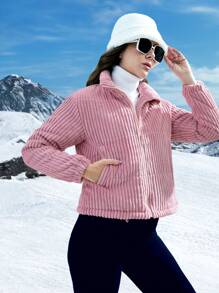 SHEIN LUNE 拉链灯芯绒加厚棉服外套冬季 - 粉色 - 查看 6