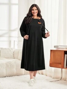 Mulvari Plus Size Letter Patched Pocket Drawstring Hooded Sweatshirt Dress In Fall/Winter - Black - View 1