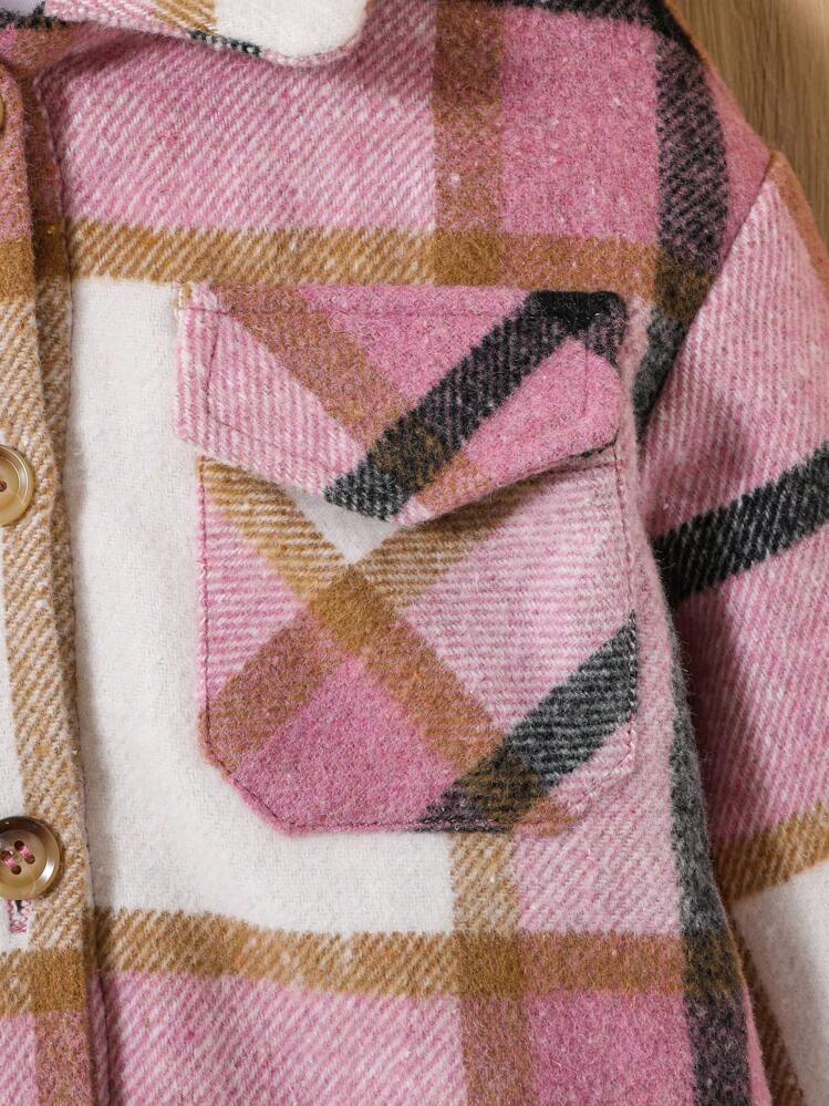 SHEIN Baby Girl Plaid Flap Pocket Button Front Overcoat - Multicolor - View 4