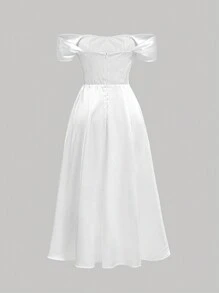 SHEIN MOD Off Shoulder Fold Pleated Detail Satin Dress - White - View 2