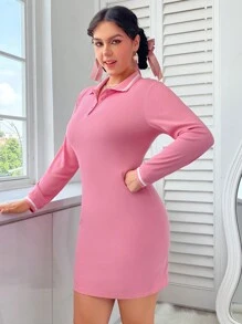 SHEIN EZwear 大尺碼拼色polo領連衣裙 - 粉色 - 查看 5