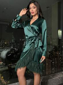 Zolique Fuzzy Trim Knot Side Wrap Satin Dress - Army Green - View 5