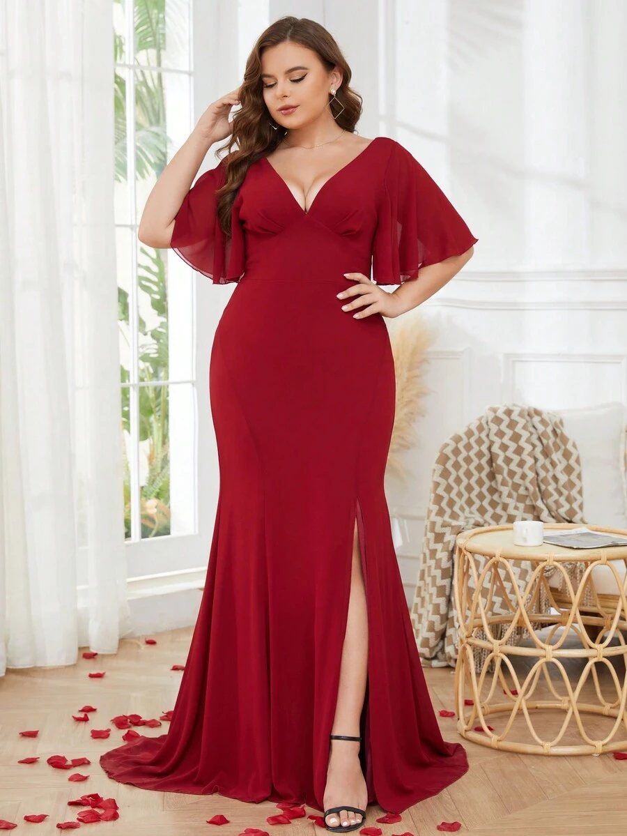 Vestido de manga mariposa de muslo con abertura de gasa - Burdeos - Ver 1