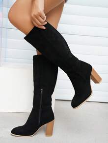 時尚高跟側拉鍊粗跟百搭及膝長靴適合女士大碼 - 黑色 - 查看 2