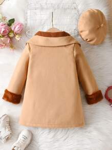 SHEIN 女小童前蝴蝶結雙排釦花呢外套和帽 - 卡其色 - 查看 2