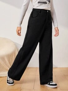 青少年女孩星星印花直筒褲 - 黑色 - 查看 3