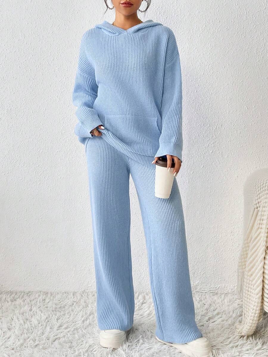 Kangaroo Pocket Drop Shoulder Hoodie & Pants - Blue - View 1