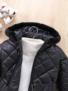 SHEIN 女小童1入組連帽衍縫腰帶外套 - 黑色 - 查看 6