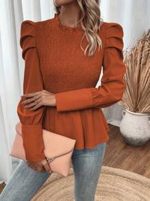 SHEIN Unity Frill Trim Puff Sleeve Peplum Blouse - Brown - View 5