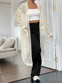 SHEIN Unity Drop Shoulder Open Knit Cardigan - Beige - View 6