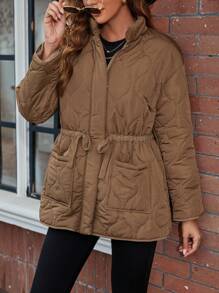 SHEIN LUNE Abrigo acolchado de cintura con cordón con doble bolsillo de hombros caídos - Marrón - Ver 1
