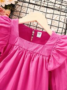 SHEIN Young Girl Ruffle Trim Square Neck Blouse - Hot Pink - View 5