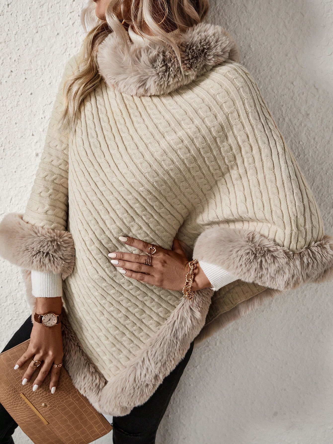 SoleilVie بونشو كنزة صوفية بأكمام خفاش مزود بحاشية...